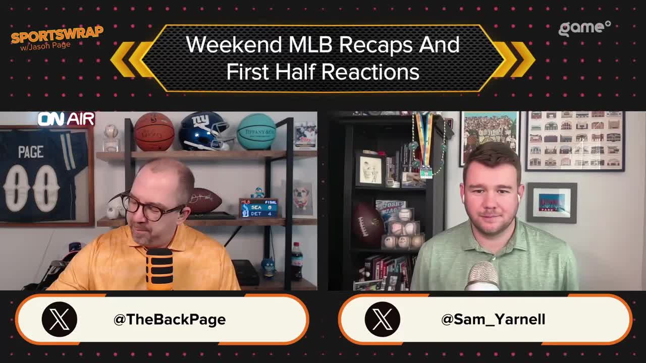 Two men are seated at desks, each with a microphone, discussing baseball on a Game+ broadcast. The screen displays the show's title and the names of the commentators.
