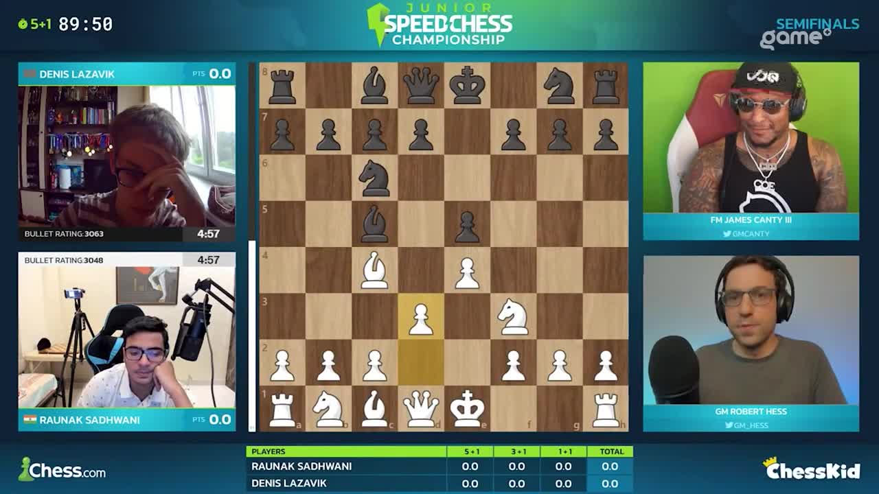 Two players in the Junior Speed Chess Championship are live-streaming their games, while commentators from Game+ analyze the match. The board shows a complex chess position, with pieces arranged for a fast-paced game.
