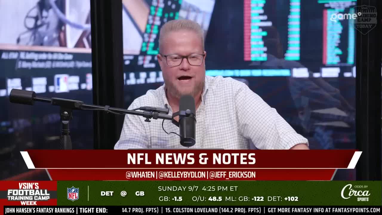 A man in glasses speaks into a microphone, the "Game Day Today" logo visible behind him. The screen below lists NFL news and notes, with game information for Sunday.
