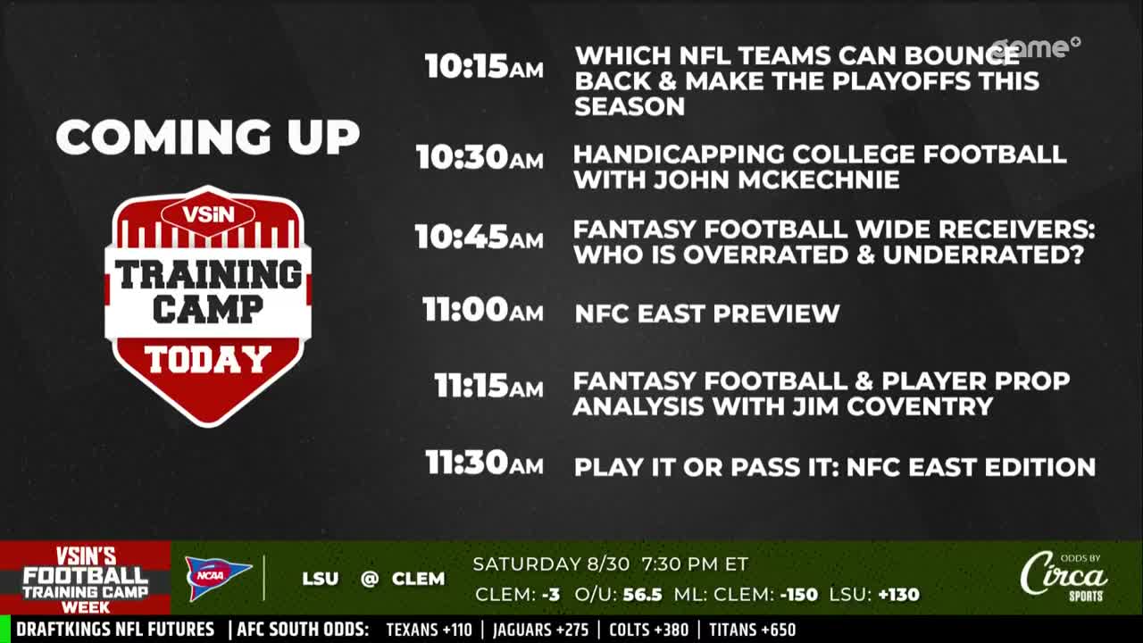 The schedule for the day's Game+ programming is laid out on a black screen, with a "Training Camp Today" graphic front and center. Below, the odds for the LSU vs. Clemson game are displayed.
