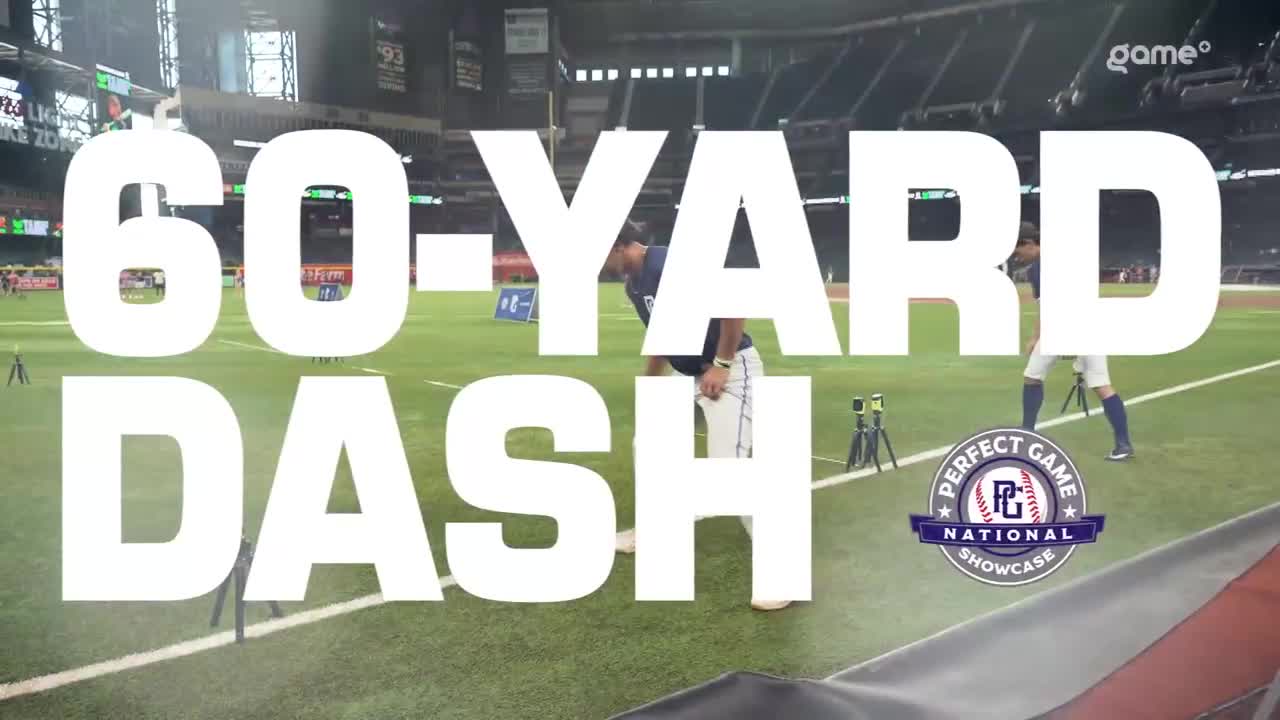 Two baseball players are poised on the field, ready to sprint. The "60-Yard Dash" graphic dominates the foreground, while the "Perfect Game National Showcase" logo is visible at the bottom.
