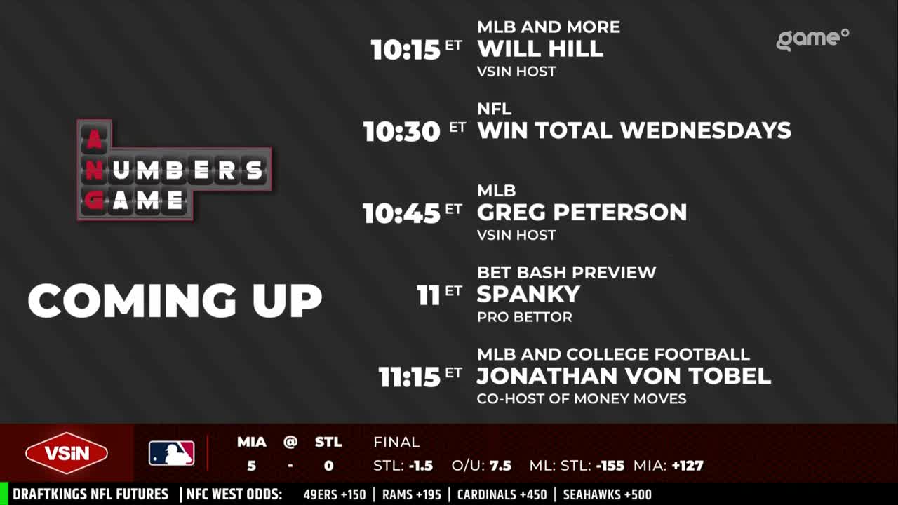 The "Numbers Game" logo sits above the words "Coming Up" on a screen from Game+. A schedule of sports betting segments, including MLB and NFL, is displayed below.
