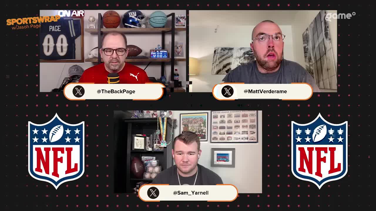 Three men are on a split screen, each with a microphone, discussing football on Game+. The NFL logos flank the screen, while the SportsWrap logo is visible at the top left.

