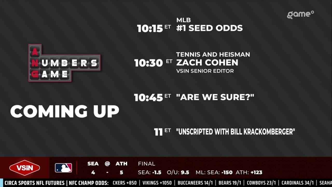 The "Numbers Game" logo and "Coming Up" text are displayed prominently on a dark background. Baseball scores and odds are listed at the bottom, alongside a Game+ logo.
