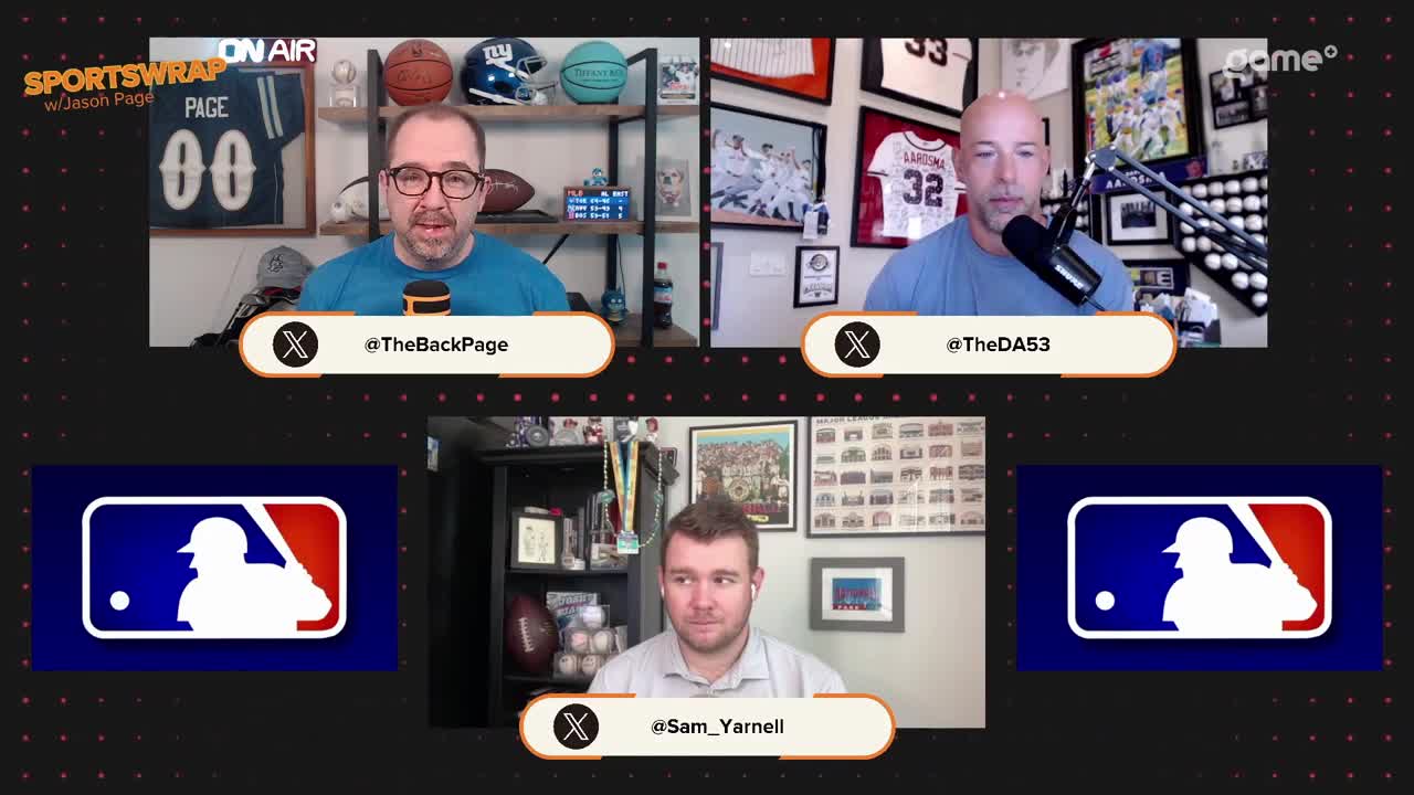 Three men are on a Game+ broadcast, each framed in a box with their Twitter handles displayed. The backdrop behind them is filled with sports memorabilia, including jerseys and baseballs.
