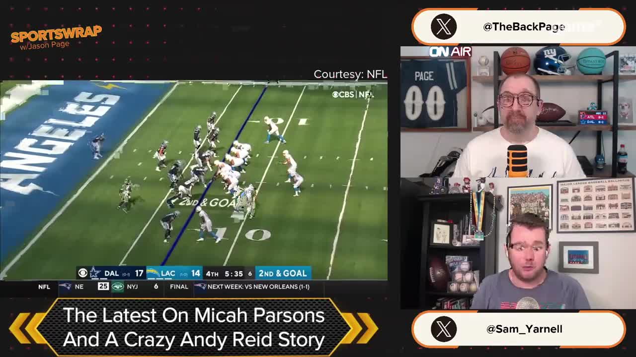 The Dallas Cowboys are on offense, facing the Los Angeles Chargers, with the play clock ticking down. Two guys in a studio are breaking down the game, talking about Micah Parsons and Andy Reid.
