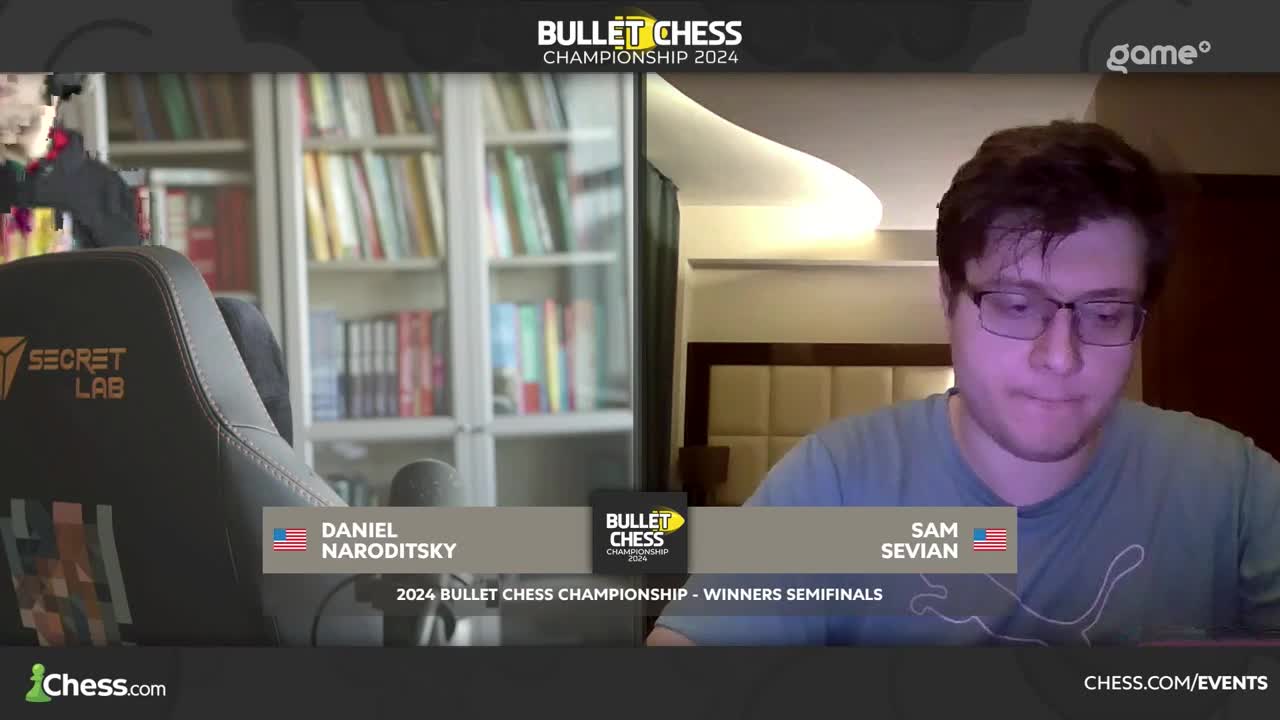Sam Sevian, wearing glasses and a light blue shirt, looks down intently. The screen shows a "Bullet Chess Championship" graphic, with the names of Daniel Naroditsky and Sevian displayed.
