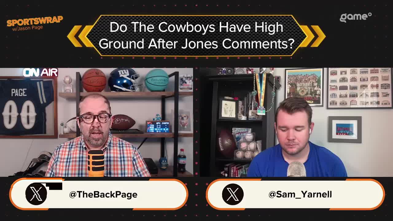 Two men sit in front of microphones, discussing something on the Game+ sports show. The screen above them poses a question about the Dallas Cowboys and a player named Jones.
