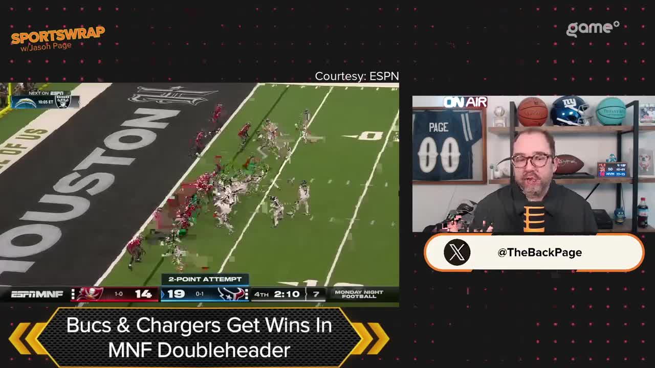 The players in red and white are huddled together near the end zone, while the others in white and green are trying to break through. A man in glasses is talking on a screen, likely from a Canadian Game+ broadcast.
