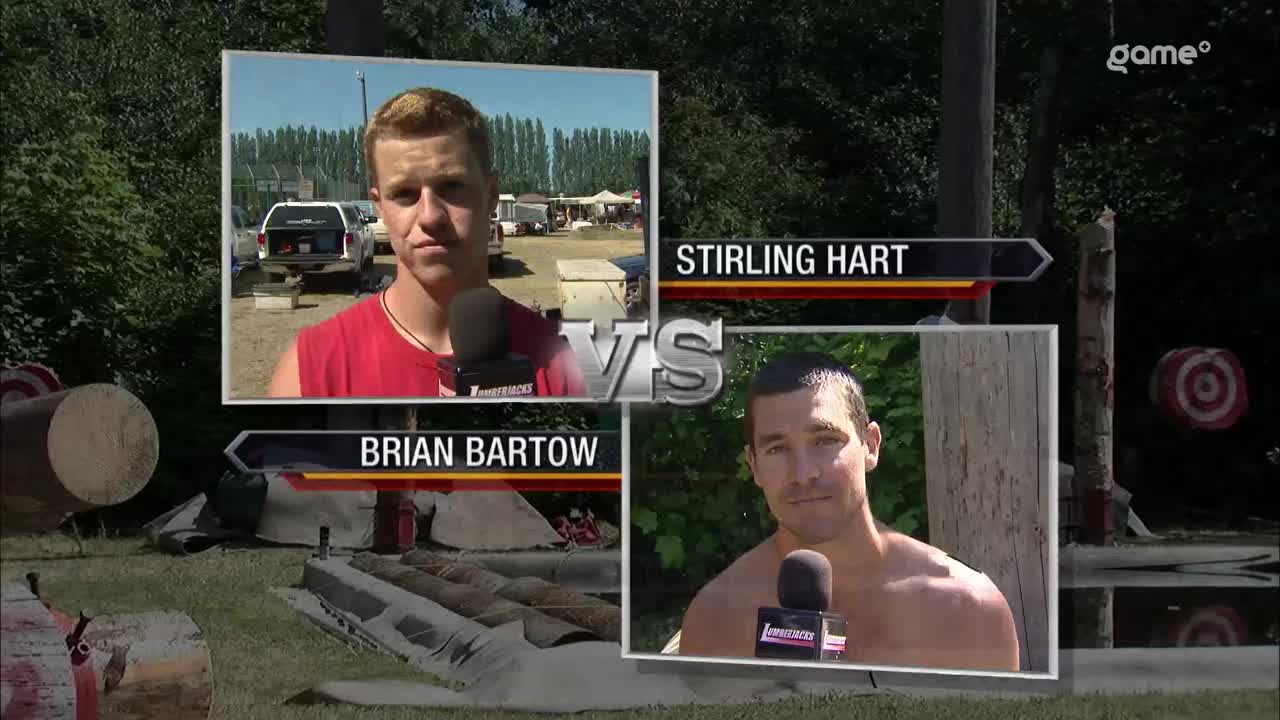 Brian Bartow and Stirling Hart are each framed on screen, ready for a Game+ competition. The backdrop shows a field with logs and targets, suggesting a lumberjack sport.
