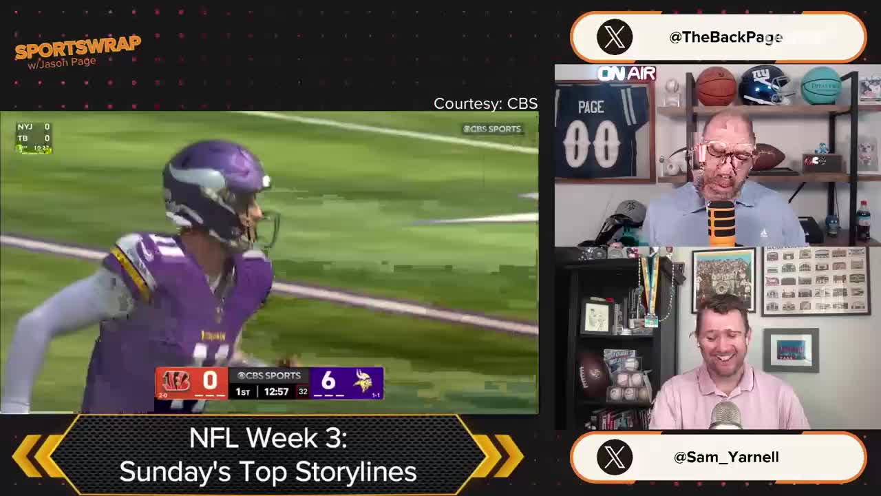 A quarterback in a purple uniform is running across the field, the score flashing on the screen. In the studio, two men are on air, one speaking into a microphone and the other smiling.
