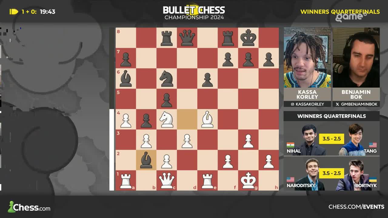 The chessboard shows a complex bullet chess game in progress, with pieces strategically positioned. Kassa Korley and Benjamin Bok, visible in the corner, are intently focused on the match.
