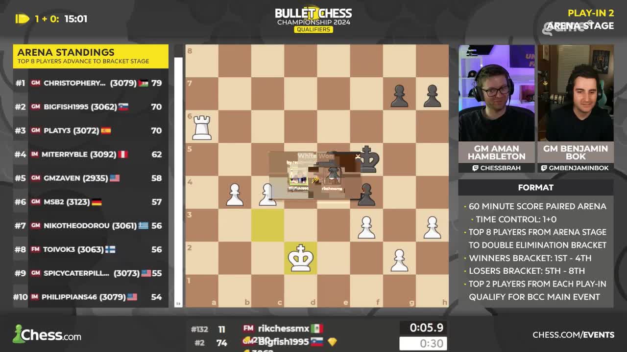 The chess board shows a tense endgame, with the white rook threatening the black king. Two commentators from Game+ are watching the match unfold with focused expressions.
