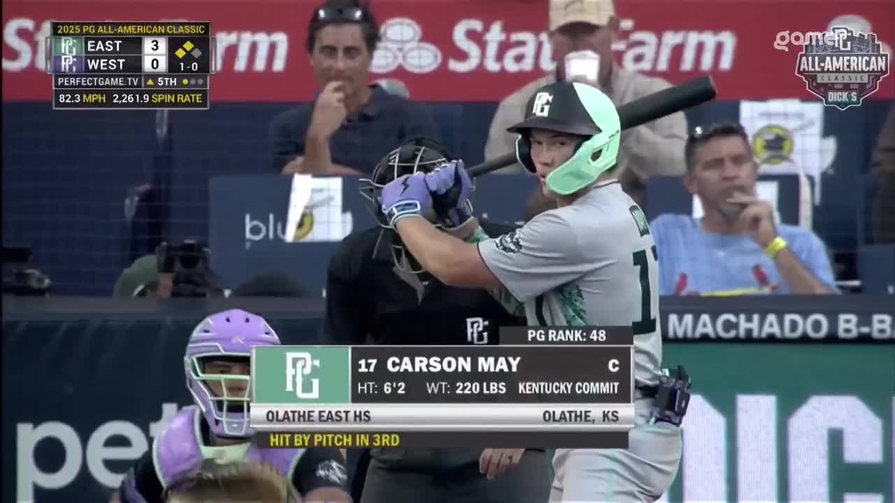 The batter, wearing a green helmet, stands ready with his bat. The umpire adjusts his mask, and the scoreboard shows the East team leading in the 5th inning of the Game+ All-American Classic.
