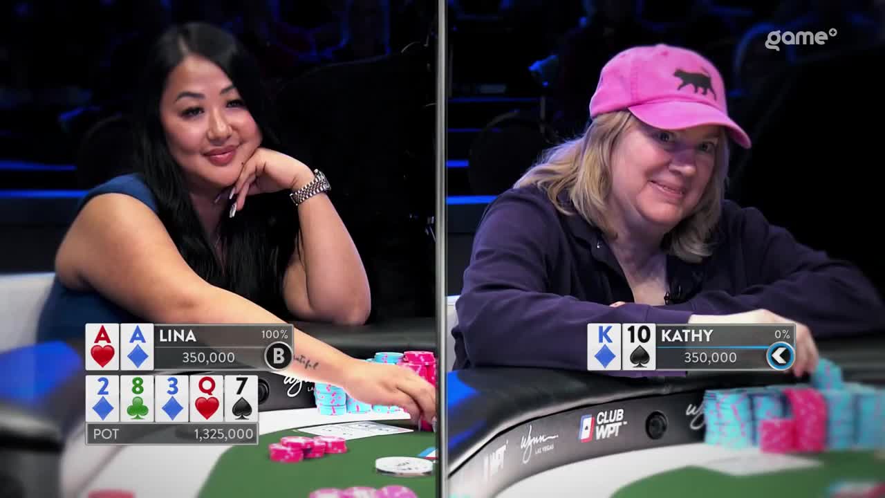 Lina, with a confident smile, rests her chin on her hand, while Kathy, wearing a pink cap, looks on. The cards are laid out, and the chips are stacked, ready for the next move in this Game+ poker match.
