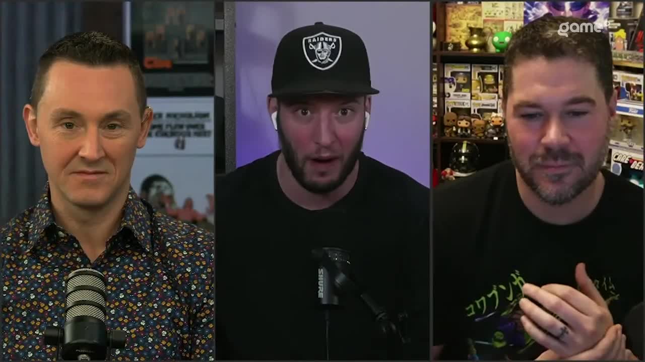 Three men are on a video call, each framed in their own screen. The man in the middle, wearing a Raiders cap, looks surprised, while the other two appear more thoughtful.
