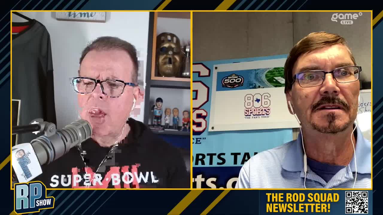 A man in a black shirt with "SUPER BOWL" across it speaks into a microphone. To his right, another man in a blue polo shirt looks into the camera. A Game+ logo is visible in the upper right corner. A man in a black shirt with "SUPER BOWL" across it speaks into a microphone. To his right, another man in a blue polo shirt looks into the camera. A Game+ logo is visible in the upper right corner.