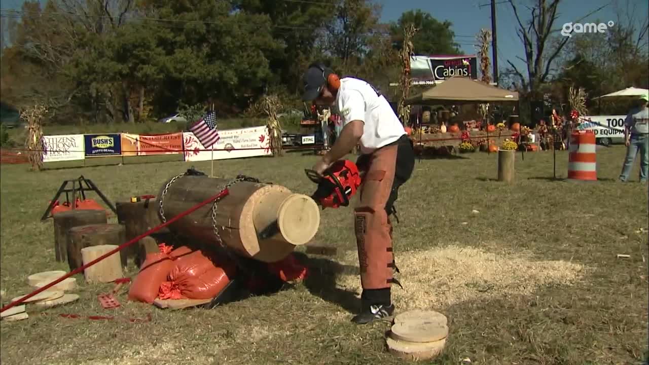 A man in protective gear revs his chainsaw, poised to cut into a large log. Sawdust flies as he begins his work at this outdoor event. A man in protective gear revs his chainsaw, poised to cut into a large log. Sawdust flies as he begins his work at this outdoor event.