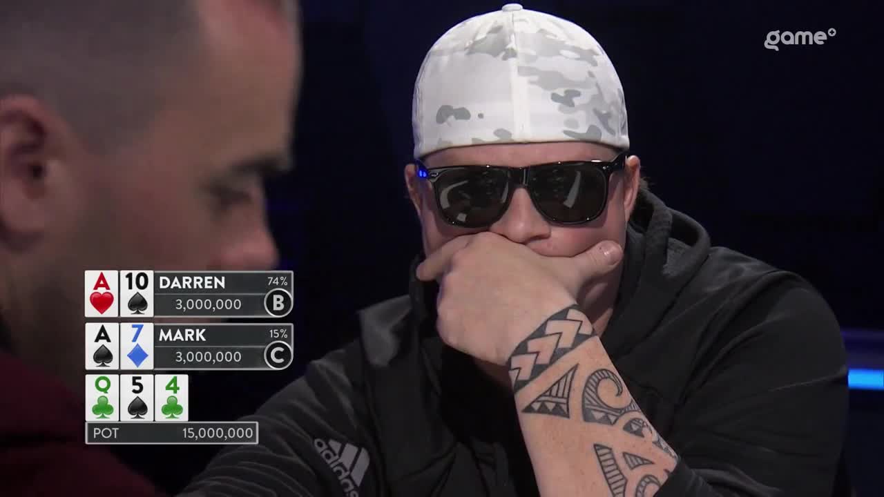 The man in the camo hat covers his mouth with his hand, his eyes hidden behind dark sunglasses. The Game+ broadcast shows the pot at 15,000,000 with two players' hands displayed. The man in the camo hat covers his mouth with his hand, his eyes hidden behind dark sunglasses. The Game+ broadcast shows the pot at 15,000,000 with two players' hands displayed.