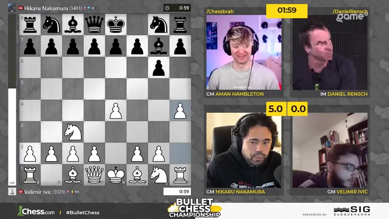 Hikaru Nakamura's white knight just moved to c3. The clock shows 59 seconds remaining for his turn. Hikaru Nakamura's white knight just moved to c3. The clock shows 59 seconds remaining for his turn.