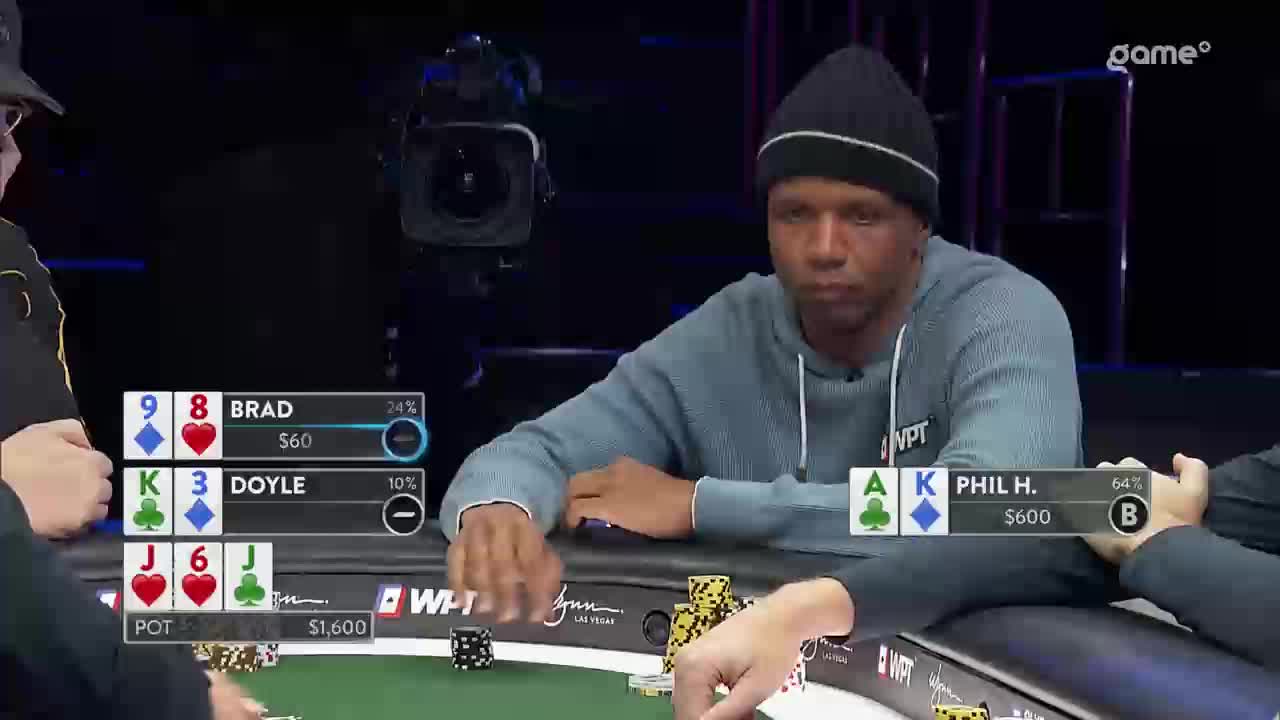 A poker player in a blue hoodie and beanie stares intently at the table, his cards showing an Ace and a King. The Game+ broadcast displays his name as Phil H. with $600 in chips.