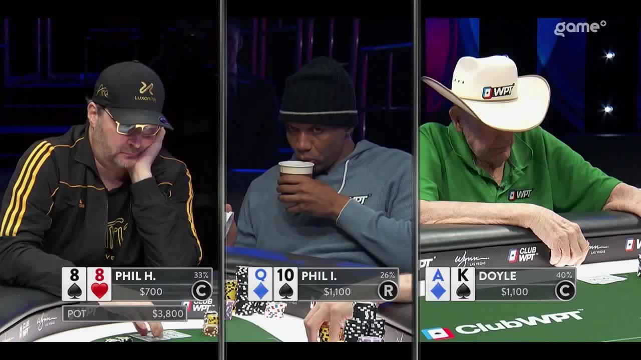 Phil Hellmuth, in a black cap, rests his head on his hand, looking down at his cards. Phil Ivey, wearing a beanie, sips from a cup while Doyle Brunson, in a cowboy hat, leans forward at the table.