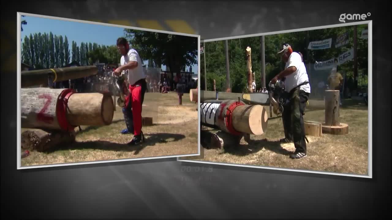 A lumberjack in red pants revs his chainsaw, preparing to cut a log. Another competitor, wearing a white shirt and cap, works on a similar log nearby, sawdust flying.