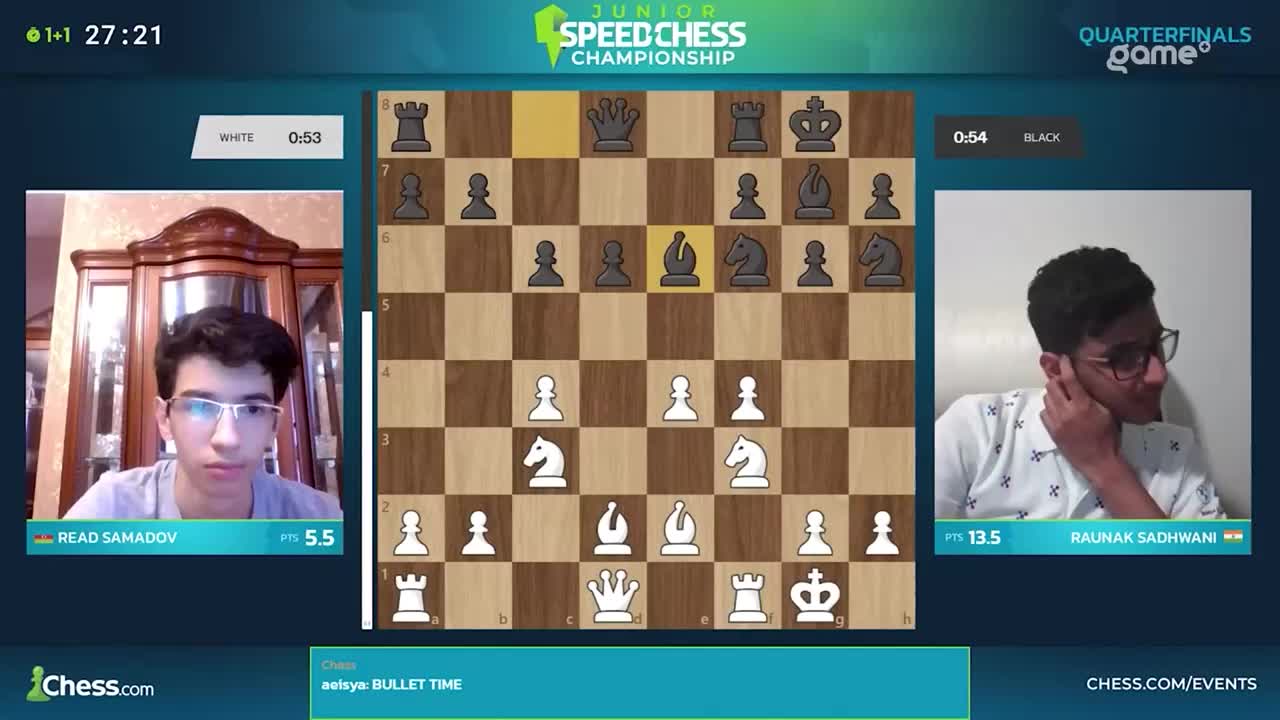 The chess clock shows 0:53 for White and 0:54 for Black as the Junior Speed Chess Championship quarterfinals continue. Read Samadov, playing White, stares intently at the board, while Raunak Sadhwani, playing Black, rests his chin on his hand, deep in thought.