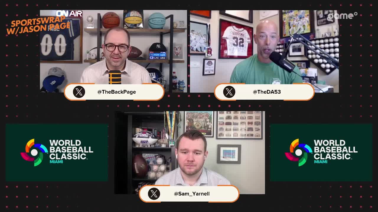 Three men are on a video call, discussing sports. The World Baseball Classic logo is displayed on the screen.