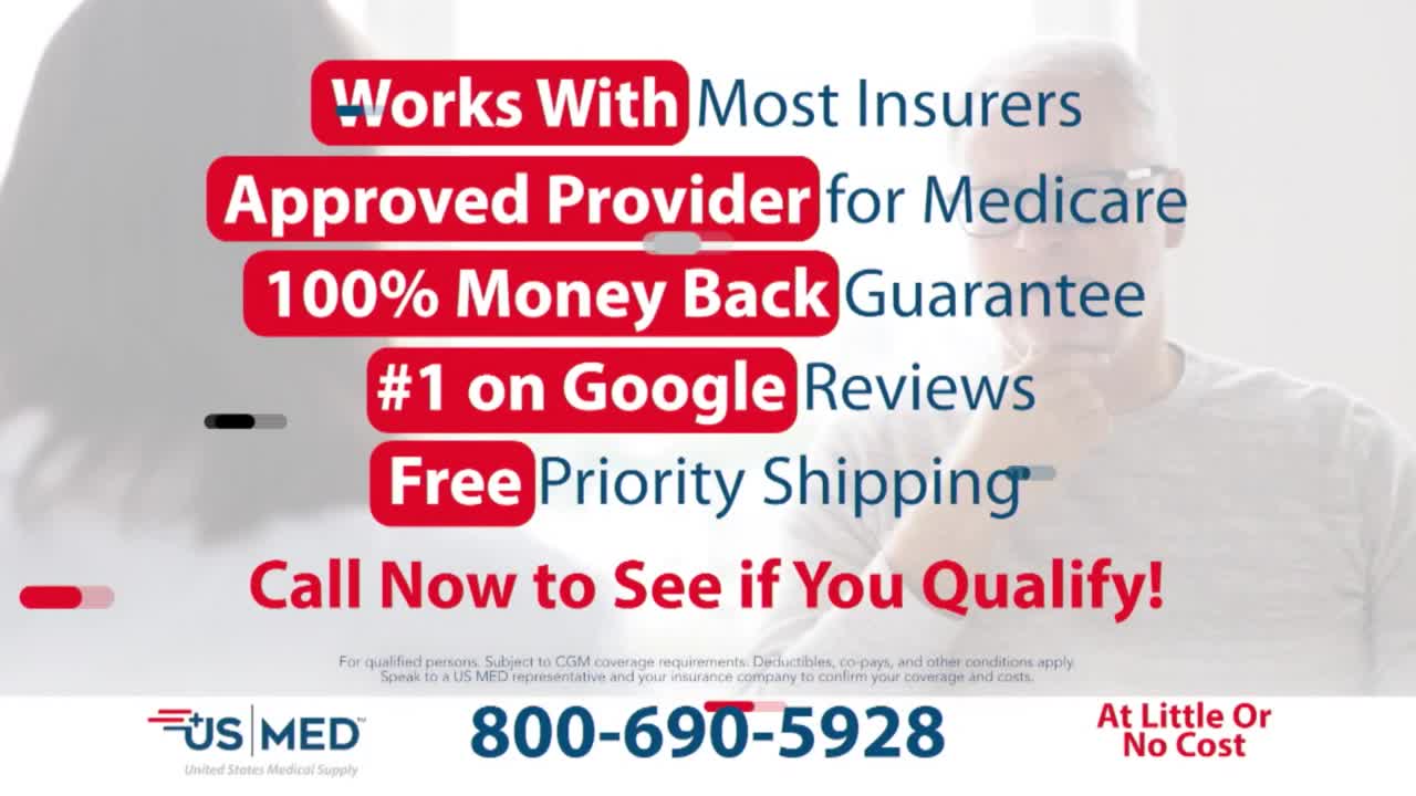 A man in a grey shirt and glasses is looking down, his hand near his chin. Red text overlays the image with details about US MED, including a phone number and a guarantee.