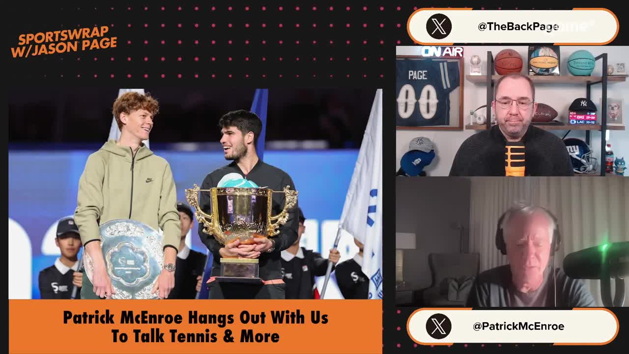 Two young men stand on a stage, one holding a large gold trophy, the other a silver shield. On a split screen to the right, two men are on a video call, discussing tennis.