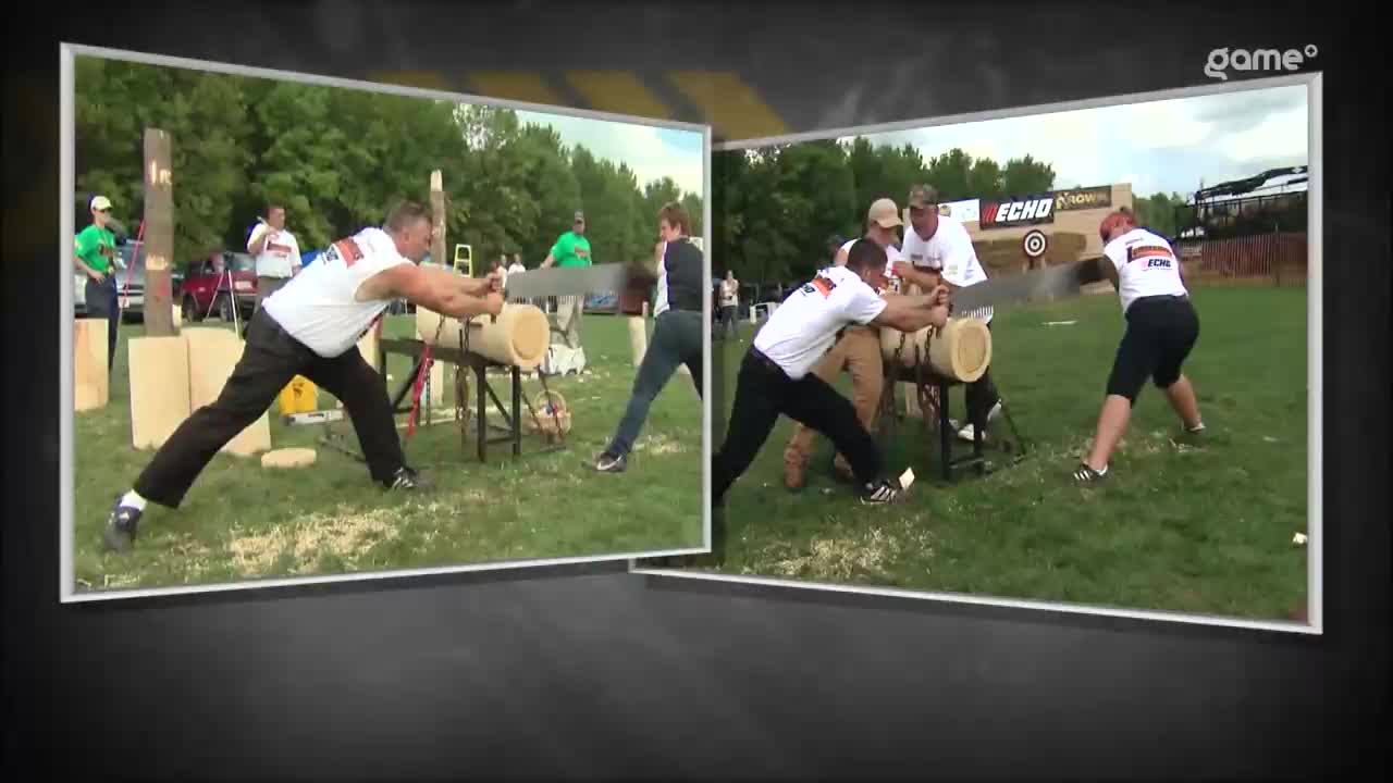 Two teams are sawing through logs with two-person saws. The Game+ broadcast shows a lumberjack competition in Canada.
