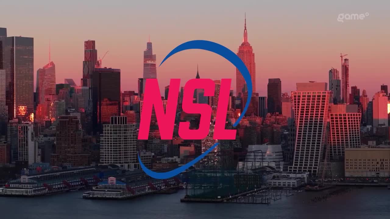 The New York City skyline glows under a pink sunset, with a large "NSL" logo superimposed. The Game+ logo appears in the upper right corner.