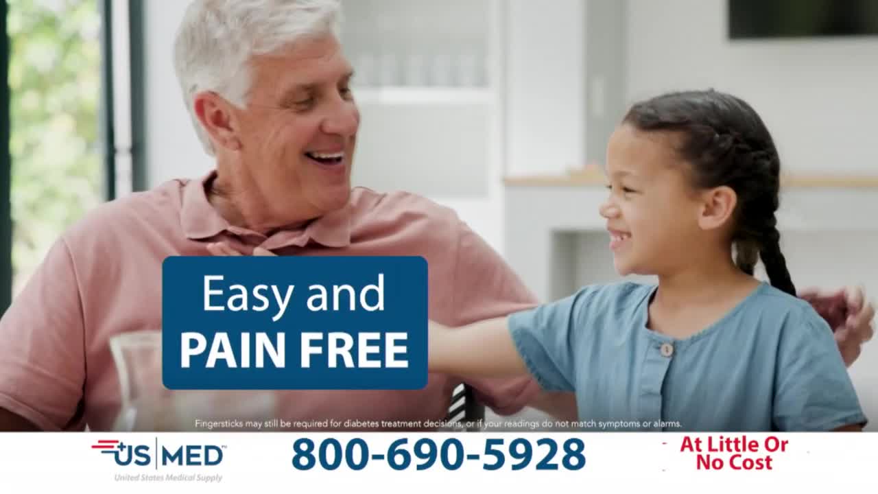 A grandfather laughs, his arm around a young girl as they look at each other. A blue banner across them reads "Easy and PAIN FREE."