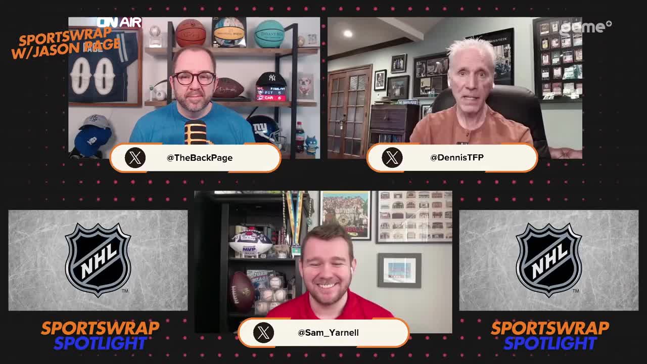 Three men are on a video call, discussing hockey. The Game+ logo is visible in the corner.