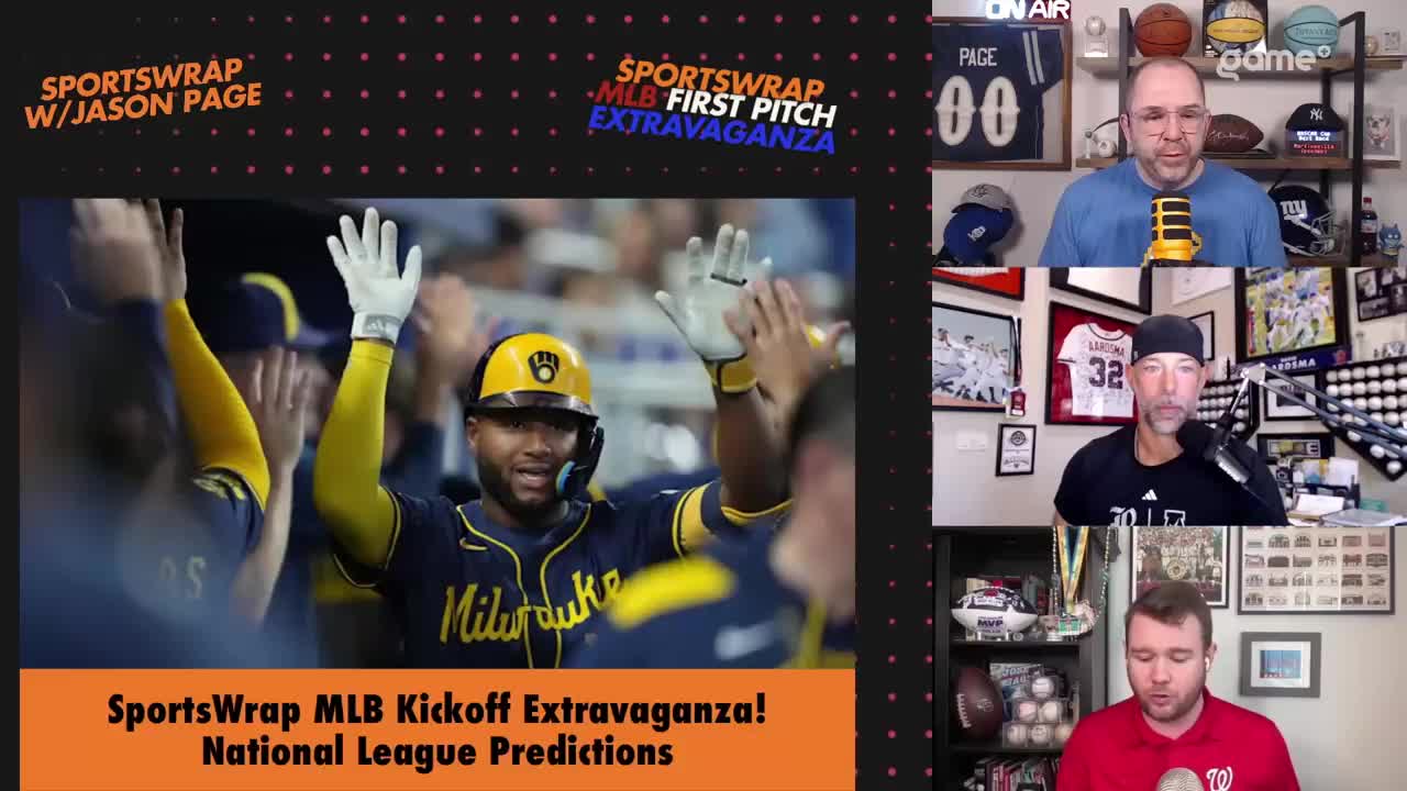 A baseball player in a yellow helmet and navy uniform high-fives his teammates. The Game+ broadcast shows commentators discussing the MLB season.