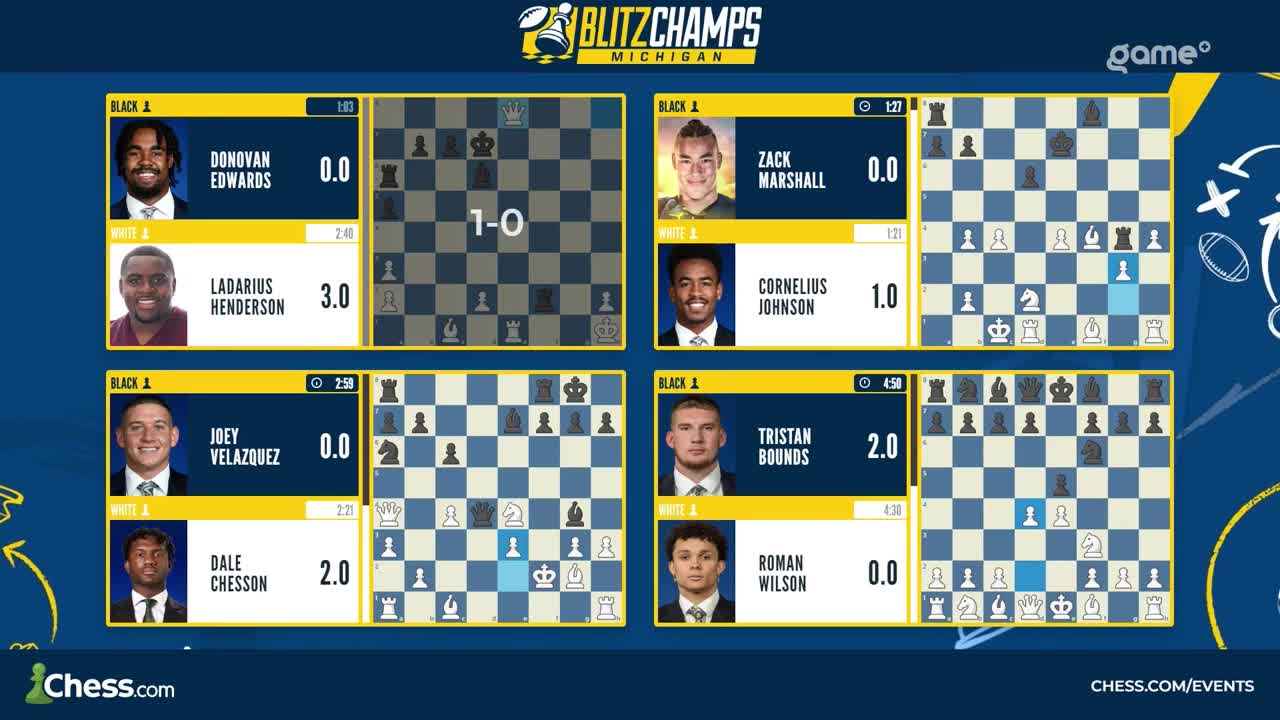 Four chess matches are playing out simultaneously on a screen, each showing player portraits and the game board. The top left board displays a score of 1-0, indicating a victory.