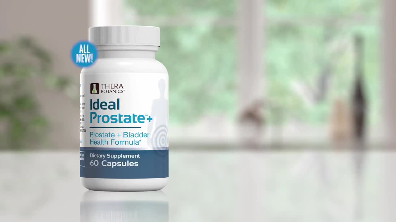 A white bottle of "Ideal Prostate+" capsules sits on a reflective surface. The label, in blue and white, clearly states "Prostate + Bladder Health Formula" and "Dietary Supplement 60 Capsules."
