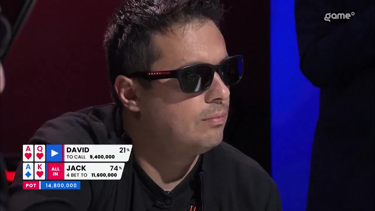 David, wearing sunglasses, contemplates a call of 9,400,000. Jack has gone all-in for 11,600,000, with the pot already at 14,800,000. The Game+ broadcast shows the tension of this Canadian poker match.
