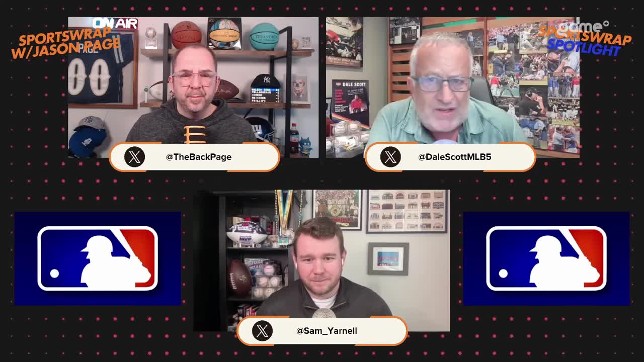 Three men are on a video call, discussing baseball. The screen is divided into four panels, with two men in the top row and one in the bottom. Each panel features the MLB logo.