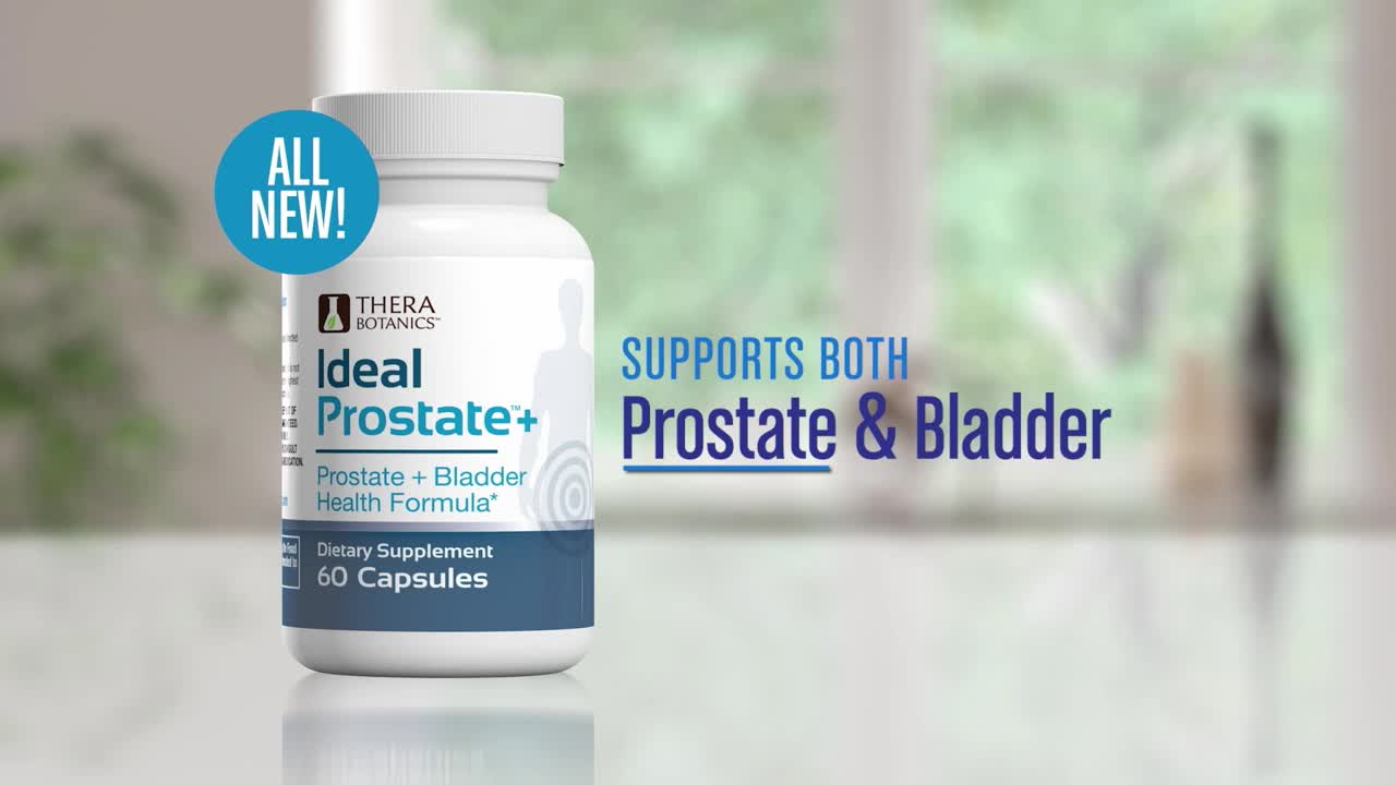 A bottle of Ideal Prostate+ sits on a reflective surface. Text on the bottle and beside it highlights "ALL NEW!" and "SUPPORTS BOTH Prostate & Bladder."