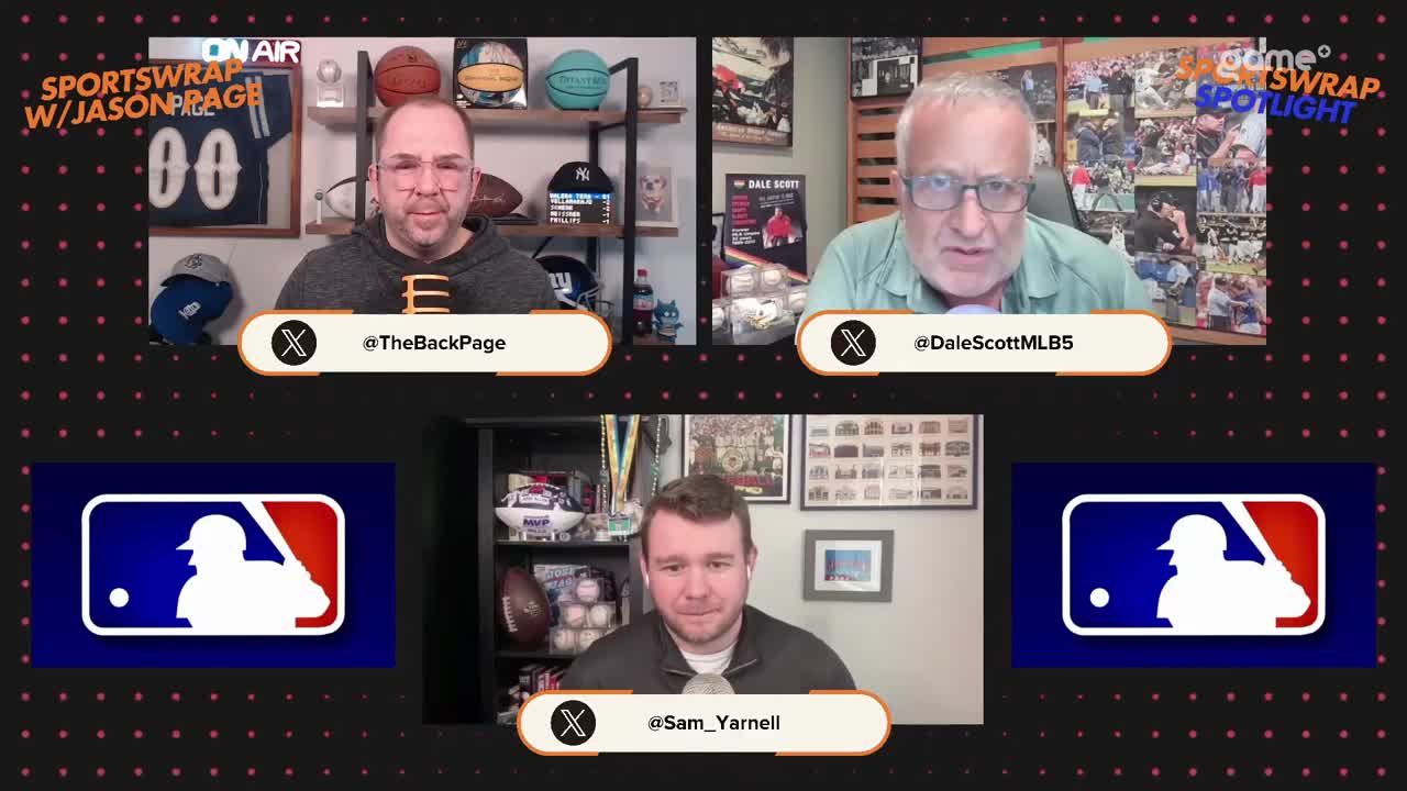 Three men are on screen, each in their own digital box, discussing sports. The top left box features a man with a beard and glasses, while the top right has a man with glasses and a light green shirt. Below them, a third man with short brown hair is centered. The MLB logo appears on either side of the bottom portion of the screen.