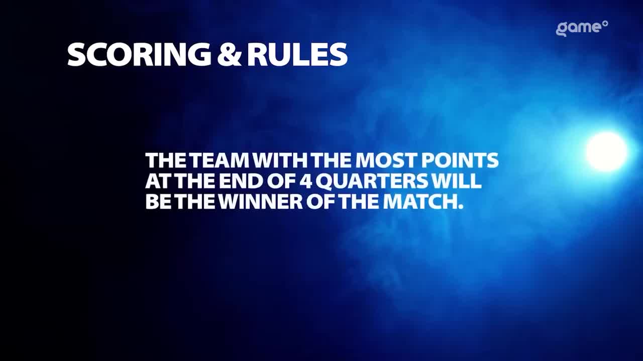A bright light pierces through smoky blue haze, illuminating white text that reads "SCORING & RULES." Below that, more text clarifies, "THE TEAM WITH THE MOST POINTS AT THE END OF 4 QUARTERS WILL BE THE WINNER OF THE MATCH."