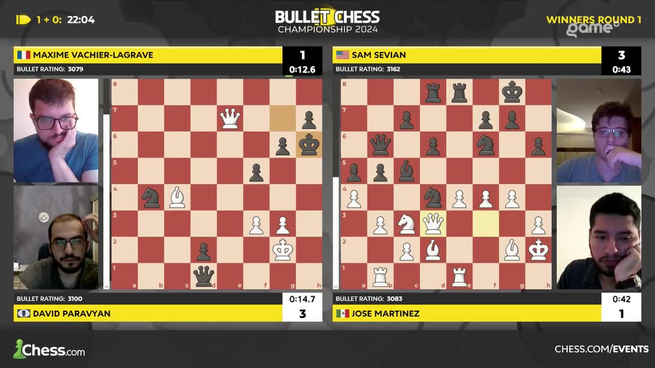 The chess board on the left shows Maxime Vachier-Lagrave's pieces in a strong position, with his king safe and several pawns advanced. On the right, Sam Sevian's king is exposed, and his queen is under attack.