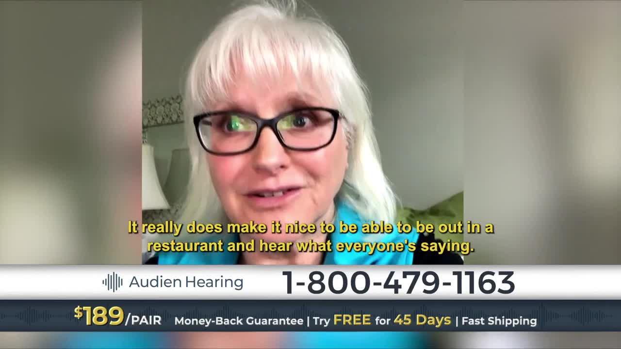 A woman with white hair and glasses speaks directly to the camera. Text overlays her image, and a phone number is displayed below.
