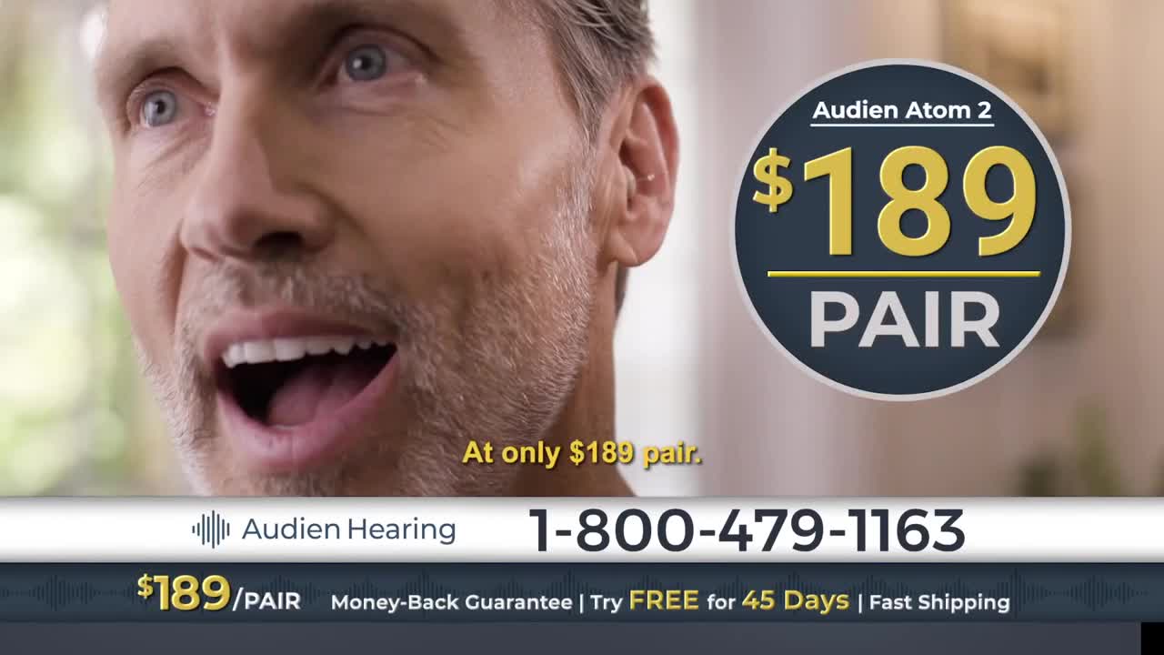 A man's face fills the screen, eyes wide with surprise. A graphic overlay announces "Audien Atom 2" and "$189 PAIR."