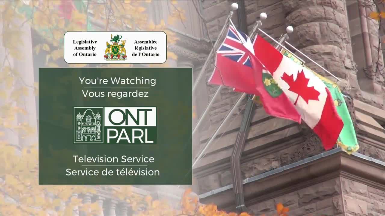 The Canadian flag, along with the Ontario and Union Jack flags, waves gently in the breeze.  Across the screen, the Legislative Assembly of Ontario's "ONT PARL" television service logo is displayed.
