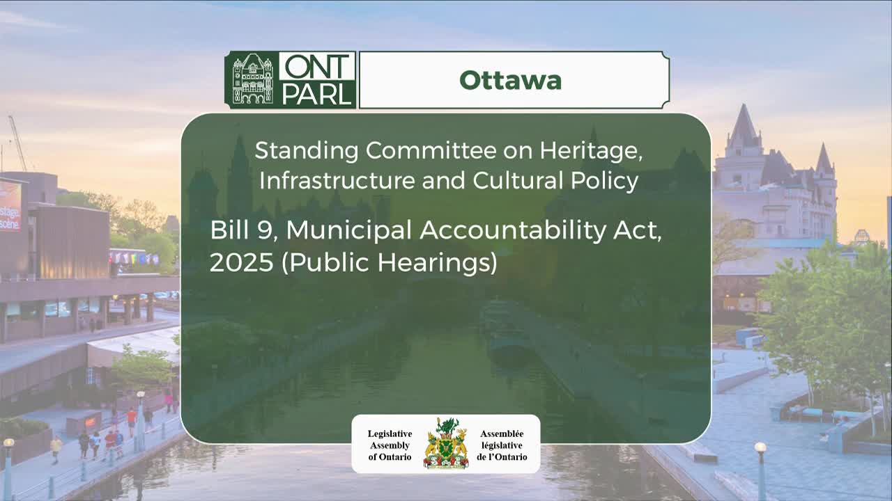 The Legislative Assembly of Ontario logo sits at the bottom, while a green information box dominates the foreground. It announces public hearings in Ottawa regarding Bill 9.
