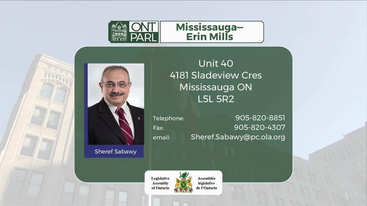 A portrait of Sheref Sabawy, a member of the Legislative Assembly of Ontario representing Mississauga-Erin Mills, is displayed. Contact information, including his office address and email, is listed beneath the photo.
