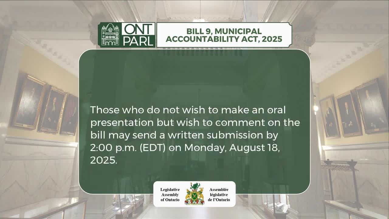 A notice from the Legislative Assembly of Ontario, regarding Bill 9, is displayed on a screen. The text explains how to submit written comments by a specific date and time.
